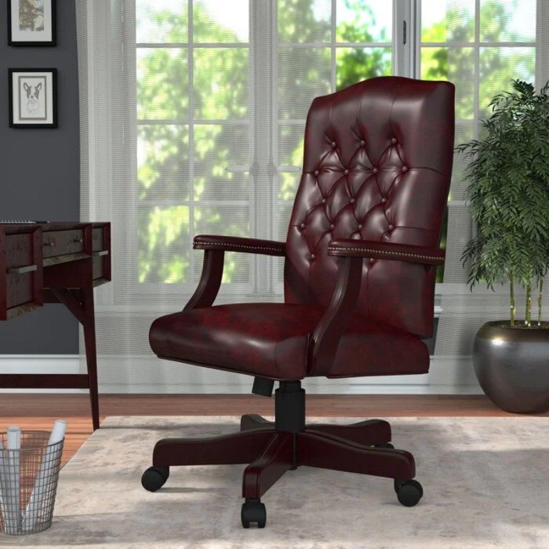 Kursi Kantor Kulit Maroon Kayu Jati Model Executive Premium