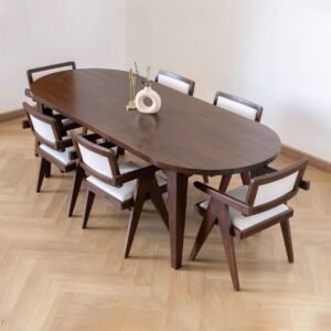 Meja Cafe Oval Kayu Solid 6 Kursi Japandi Minimalis Berlengan