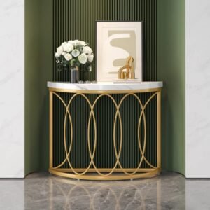 Meja Konsol Setengah Lingkaran Besi Gold Top Marmer Modern