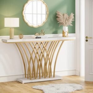Meja Konsol Stainless Gold Artistik Top Marmer Minimalis Modern