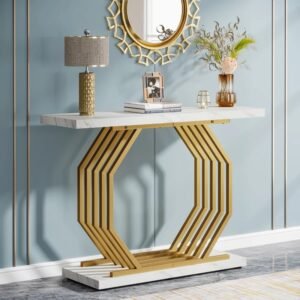 Meja Konsol Stainless Gold Hexagon Top Marmer Minimalis
