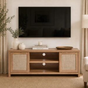 Meja TV Kayu Japandi Pintu Rotan