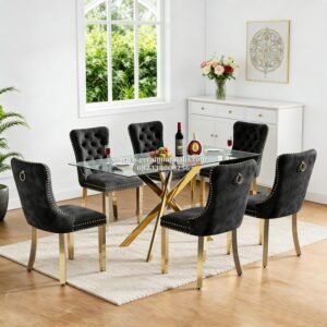 Set Meja Makan Kaca Stainless Gold 6 Kursi Velvet Hitam Modern