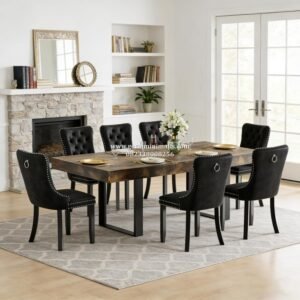 Set Meja Makan Kayu Industrial 6 Kursi Jok Hitam Minimalis Modern