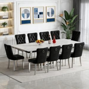 Set Meja Makan Marmer Putih 8 Kursi Jok Hitam Minimalis Modern