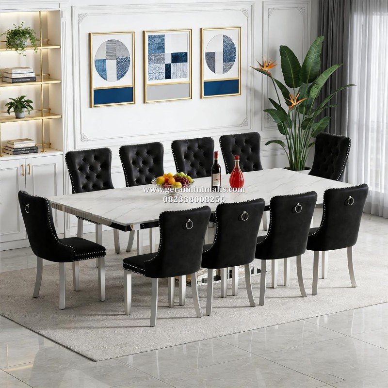 Set Meja Makan Marmer Putih 8 Kursi Jok Hitam Minimalis Modern