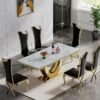 Set Meja Makan Marmer Putih Stainless Gold 6 Kursi Sandaran Tinggi Modern