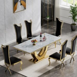 Set Meja Makan Marmer Putih Stainless Gold 6 Kursi Sandaran Tinggi Modern