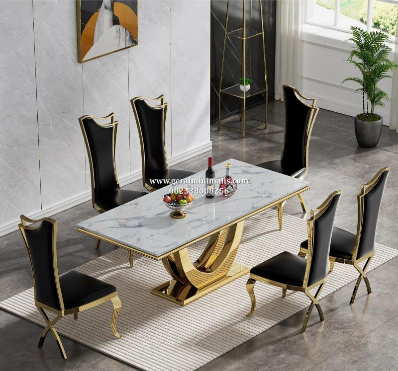Set Meja Makan Marmer Putih Stainless Gold 6 Kursi Sandaran Tinggi Modern
