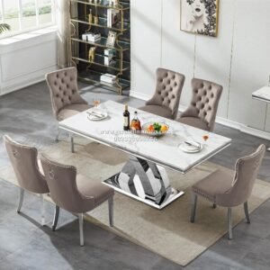 Set Meja Makan Marmer Putih Stainless Silver 6 Kursi Minimalis