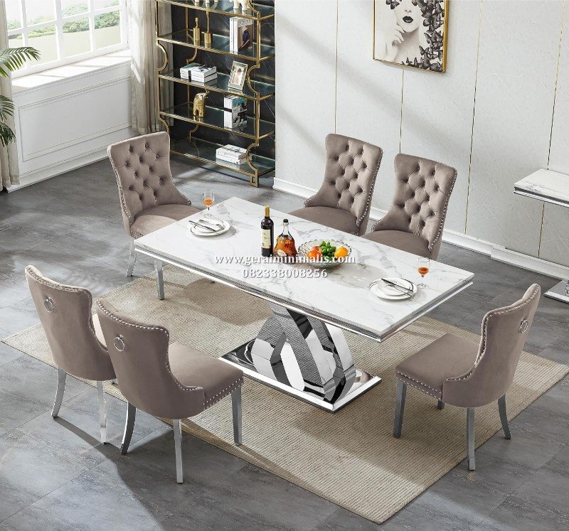 Set Meja Makan Marmer Putih Stainless Silver 6 Kursi Minimalis