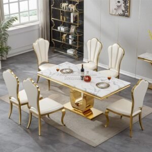 Set Meja Makan Marmer Stainless Gold 6 Kursi Mewah Modern