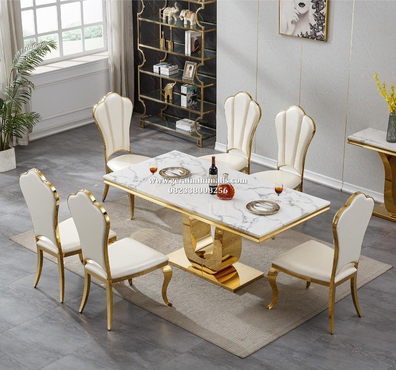 Set Meja Makan Marmer Stainless Gold 6 Kursi Mewah Modern