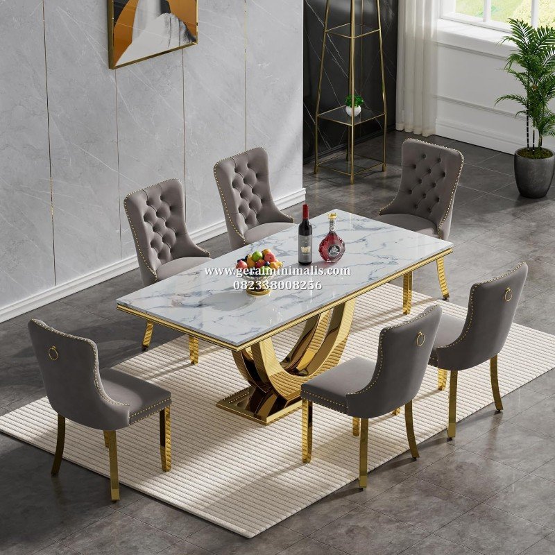Set Meja Makan Stainless Gold Marmer Putih 6 Kursi Minimalis Modern Luxe