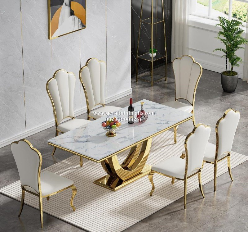 Set Meja Makan Stainless Gold Marmer Putih 6 Kursi Model Mahkota Mewah
