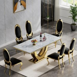 Set Meja Makan Stainless Gold Oval Marmer Putih 6 Kursi Elegan Modern