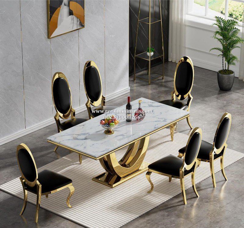Set Meja Makan Stainless Gold Oval Marmer Putih 6 Kursi Elegan Modern