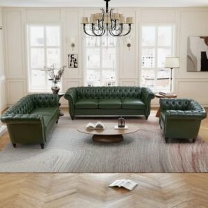 Set Sofa Ruang Tamu Chesterfield Kulit Mewah Modern Seri Emerald