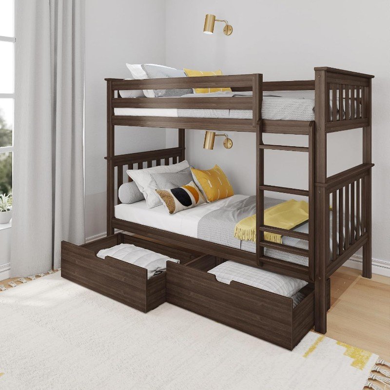 Tempat Tidur Tingkat Anak Kayu Minimalis 2 Susun dengan Laci Bawah Multifungsi