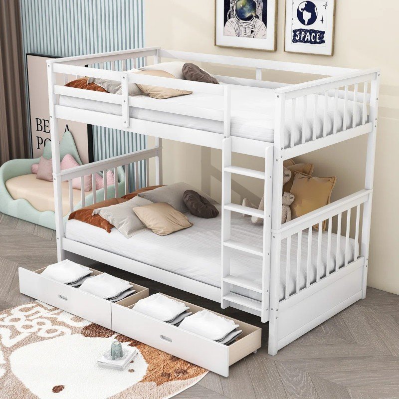 Tempat Tidur Tingkat Anak Putih Minimalis 2 Susun dengan Laci Penyimpanan