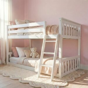 Tempat Tidur Tingkat Anak Putih Minimalis Kayu dengan Tangga Tengah
