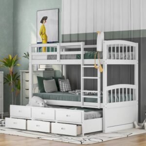 Tempat Tidur Tingkat Anak Putih Modern dengan 6 Laci dan Kasur Tarik