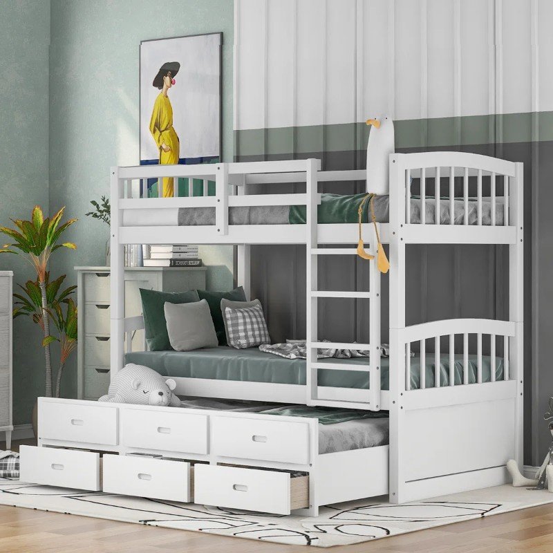 Tempat Tidur Tingkat Anak Putih Modern dengan 6 Laci dan Kasur Tarik