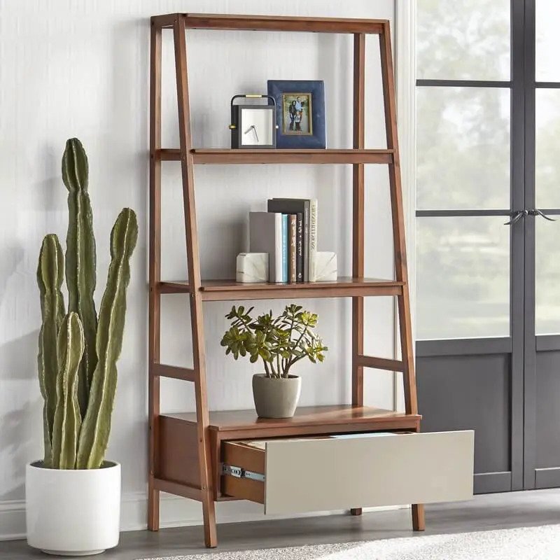 Bookcase Minimalis Modern Kayu Natural dengan Laci Putih (2)