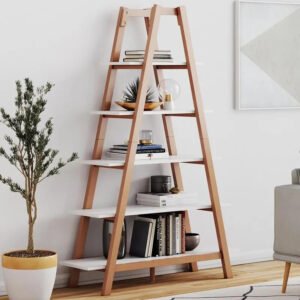 Bookshelf Japandi Model Tangga Kayu Natural 5 Tingkat