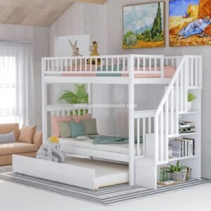 Bunk Bed Anak dengan Tangga Rak dan Tempat Tidur Tarik