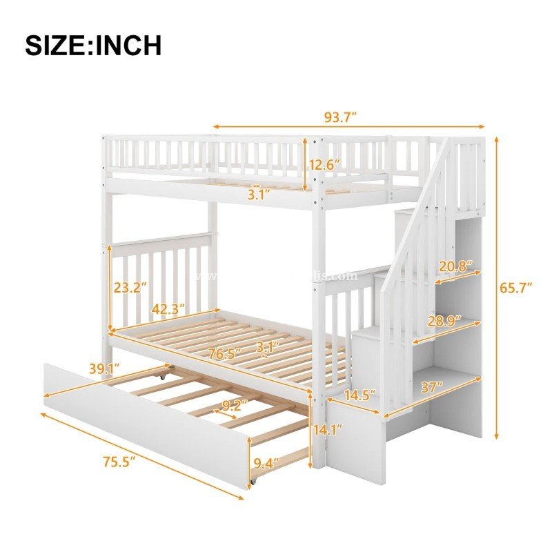 Bunk Bed Anak dengan Tangga Rak dan Tempat Tidur Tarik (3)