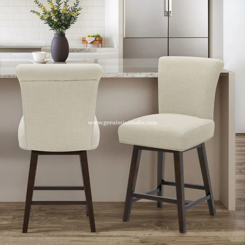 Counter Stool Minimalis Jok Kain Cream Kaki Kayu