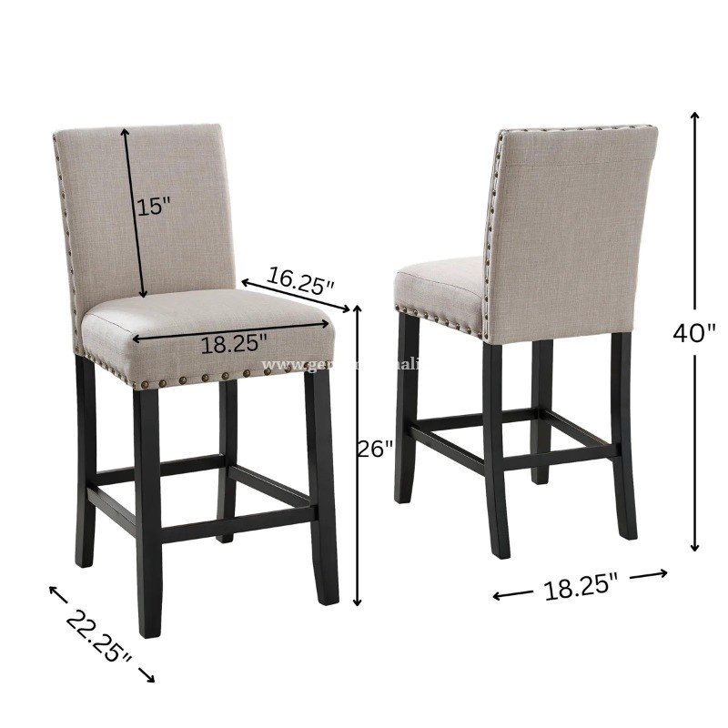 Kursi Bar Tinggi Kayu Jok Kain Beige Nailhead (3)