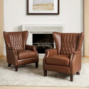 Kursi Sofa Single Kulit Coklat Wingback Chester