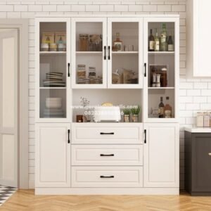 Lemari Display Dapur Putih Pintu Kaca dan Laci