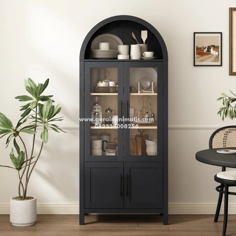 Lemari Hias Kayu Jati Modern Hitam Model Arch Pintu Kaca