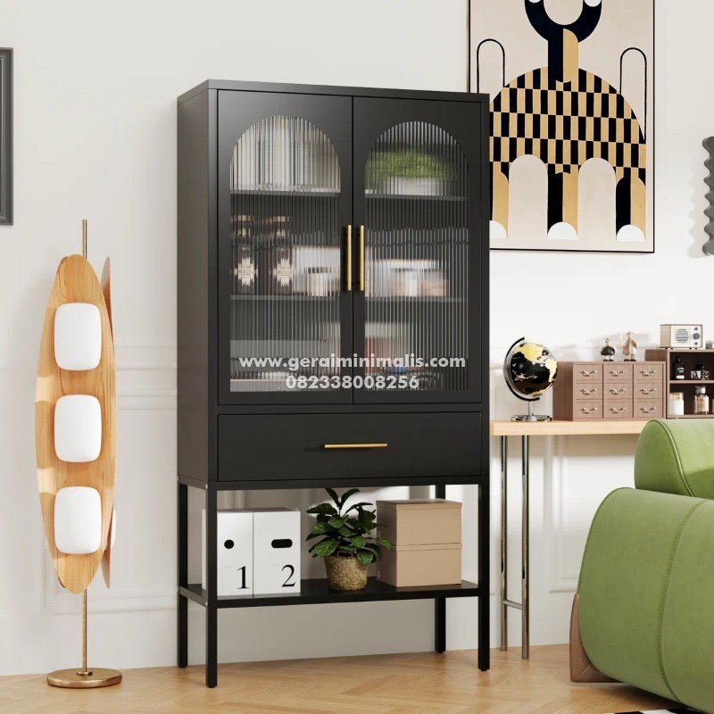 Lemari Hias Minimalis Hitam Pintu Kaca Motif Lengkung