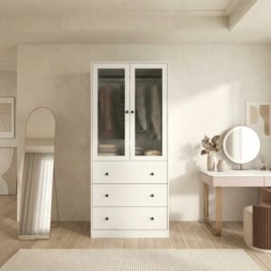 Lemari Pakaian Minimalis 2 Pintu Kaca Fluted 3 Laci