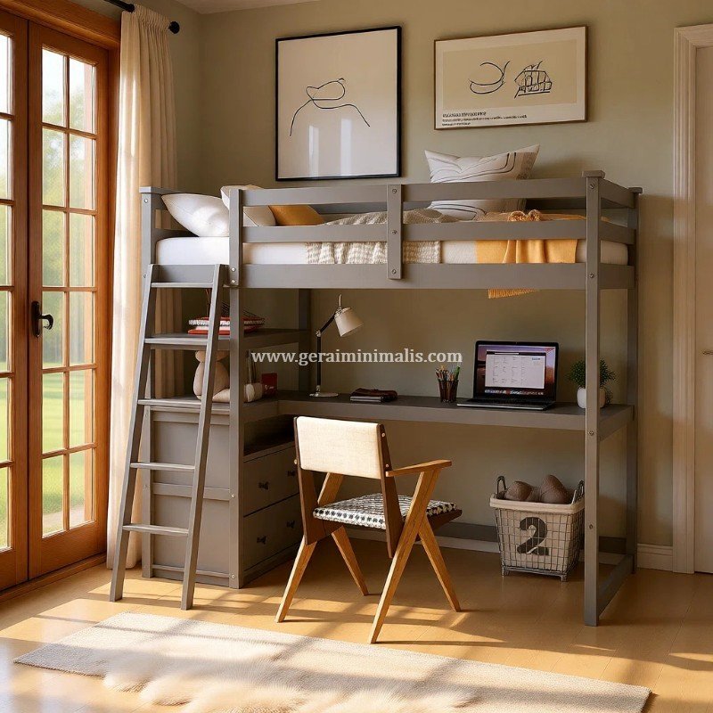 Loft Bed Anak dengan Meja Belajar dan Lemari Penyimpanan