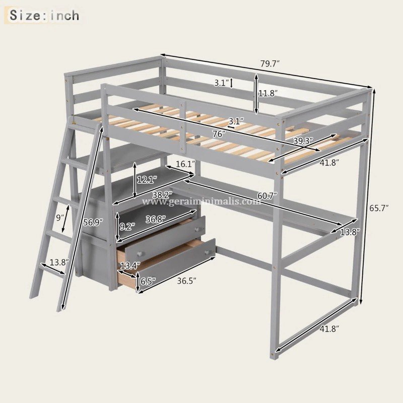Loft Bed Anak dengan Meja Belajar dan Lemari Penyimpanan (2)