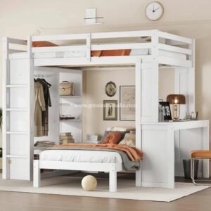 Loft Bed Kayu Anak dengan Lemari Pakaian dan Meja Kerja