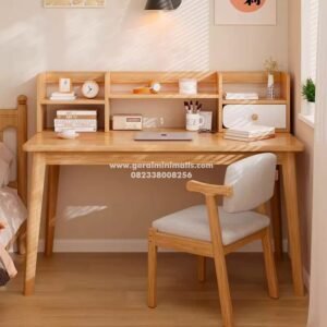 Meja Belajar Anak Minimalis Japandi dengan Rak Kayu Natural