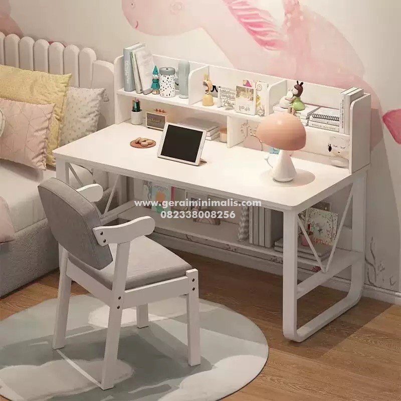Meja Belajar Anak Sekolah Putih dengan Rak Minimalis Modern