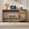 Meja Belajar Kayu Jati dengan Kabinet Rotan Minimalis Modern