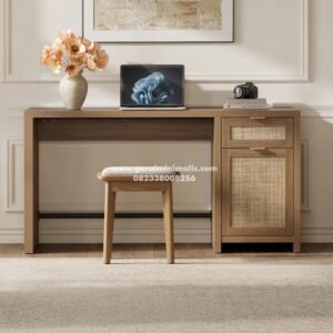 Meja Belajar Kayu Jati dengan Kabinet Rotan Minimalis Modern