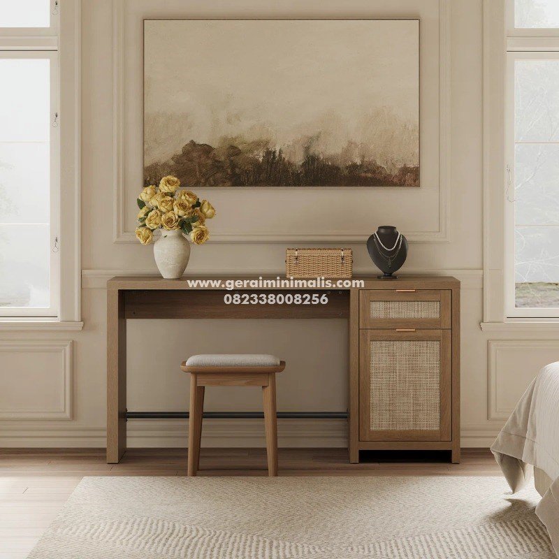 Meja Belajar Kayu Jati dengan Kabinet Rotan Minimalis Modern (2)