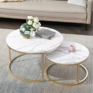 Meja Coffee Bulat Marmer Putih Gold Model Nesting Minimalis
