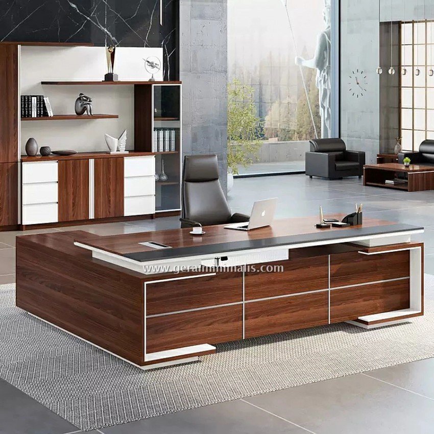 Meja Direktur Minimalis L Shape Ruang Kerja Modern dengan Kabinet Samping