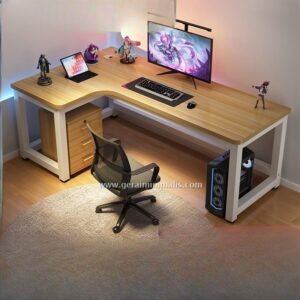 Meja Gaming L Shape Minimalis dengan Laci dan Ruang Komputer