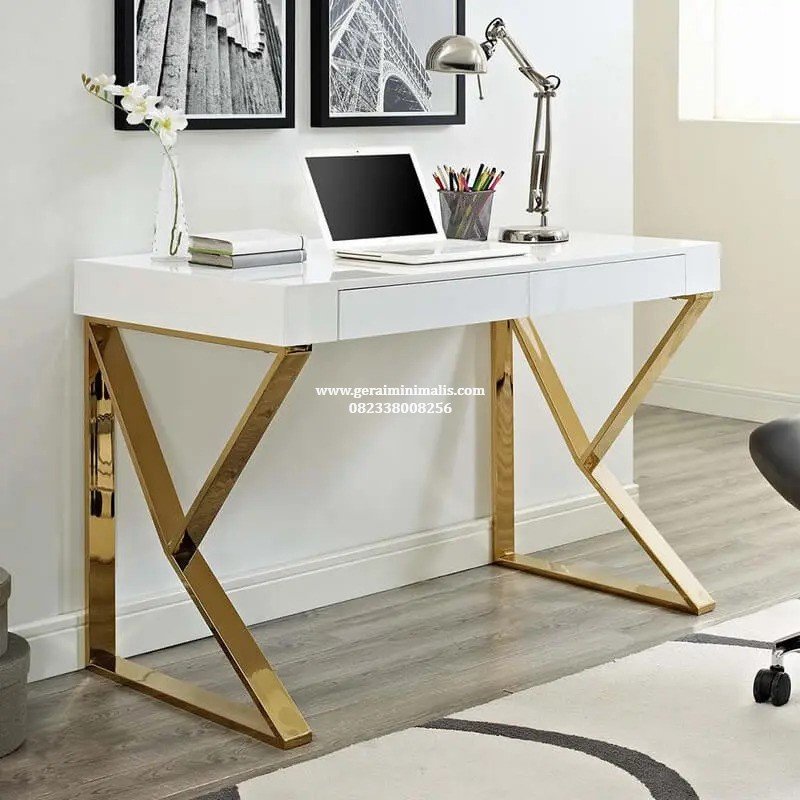 Meja Kantor Modern Putih Gold Premium Office Desk Minimalis